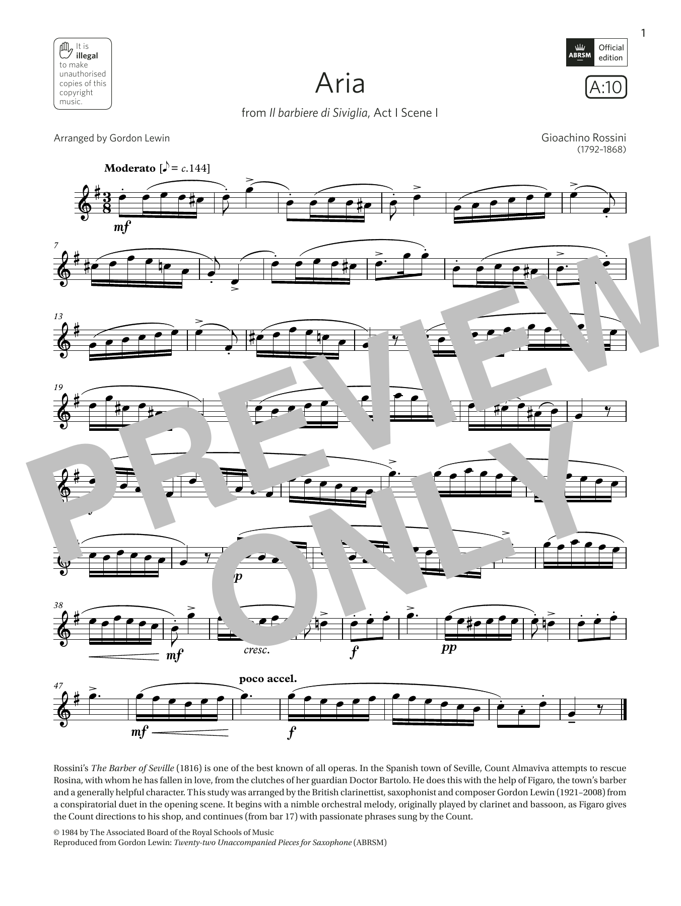 Aria (from Il barbiere di Siviglia)  (Grade 5 List A10 from the ABRSM Saxophone syllabus from 2022) (Alto Sax Solo) von Rossini