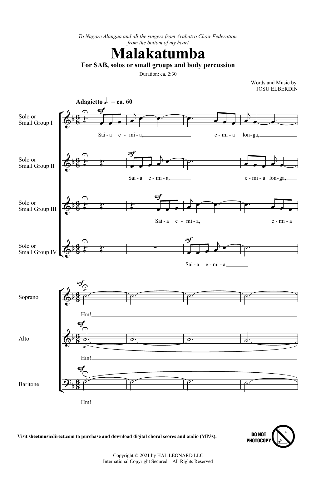 Malakatumba (SAB Choir) von Josu Elberdin