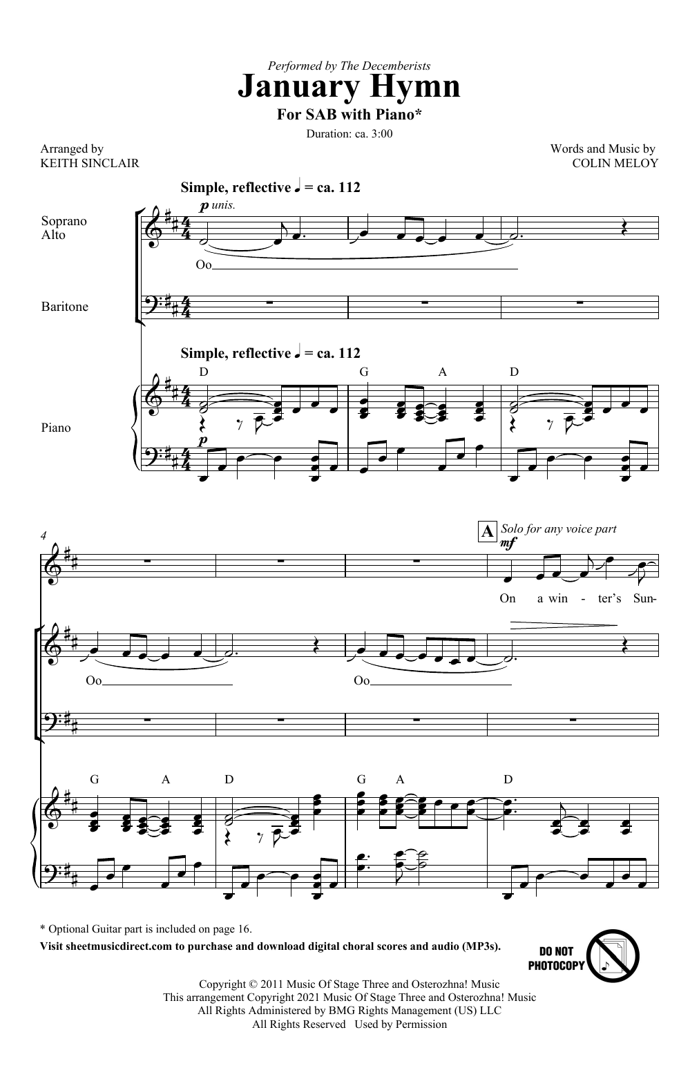 January Hymn (arr. Keith Sinclair) (SAB Choir) von Colin Meloy