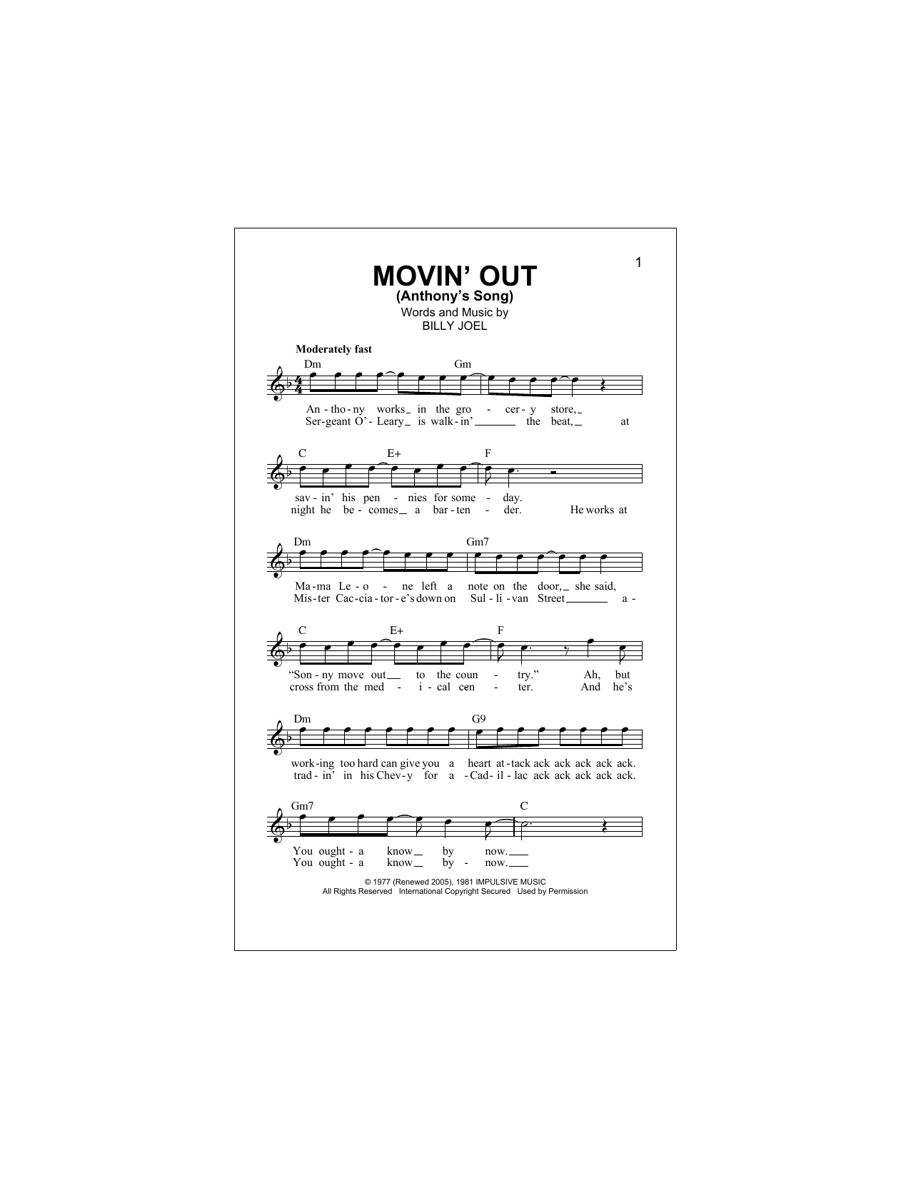 Movin' Out (Anthony's Song) (Lead Sheet / Fake Book) von Billy Joel