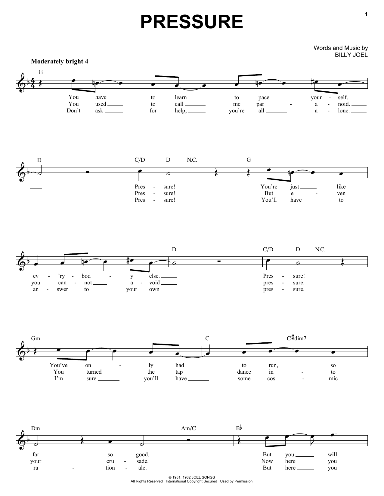 Pressure (Lead Sheet / Fake Book) von Billy Joel