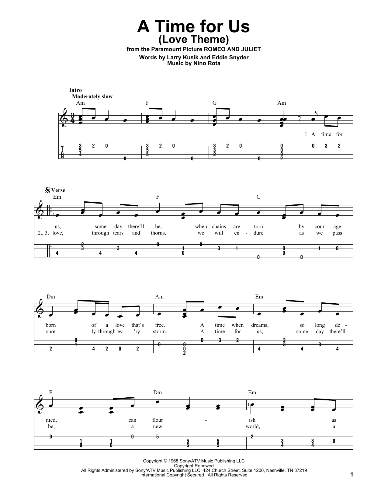 A Time For Us (Love Theme) (Easy Ukulele Tab) von Nino Rota