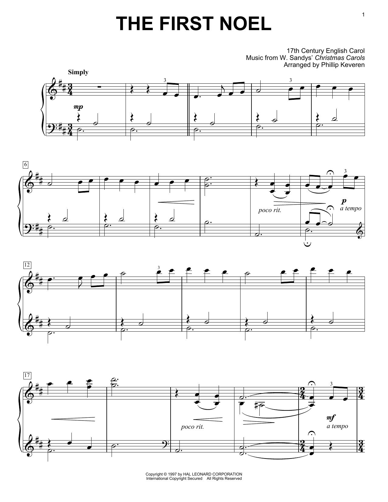 The First Noel (arr. Phillip Keveren) (Easy Piano Solo) von 17th Century English Carol