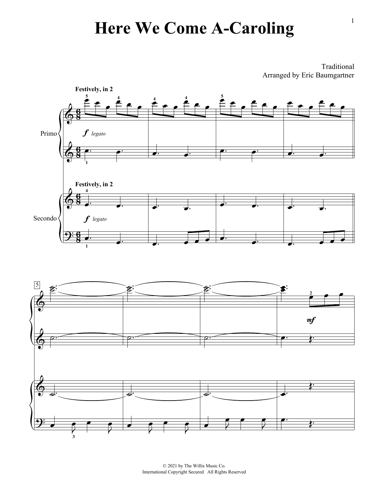 Here We Come A-Caroling (arr. Eric Baumgartner) (Piano Duet) von Traditional