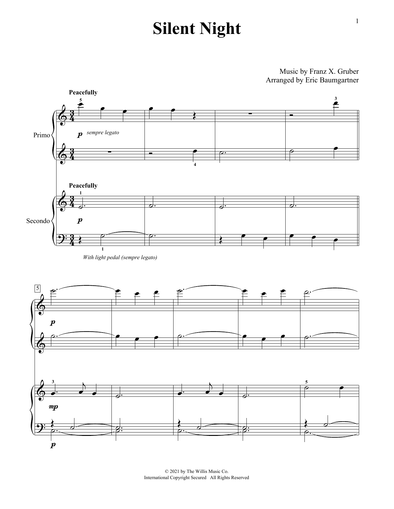 Silent Night (arr. Eric Baumgartner) (Piano Duet) von Franz X. Grber