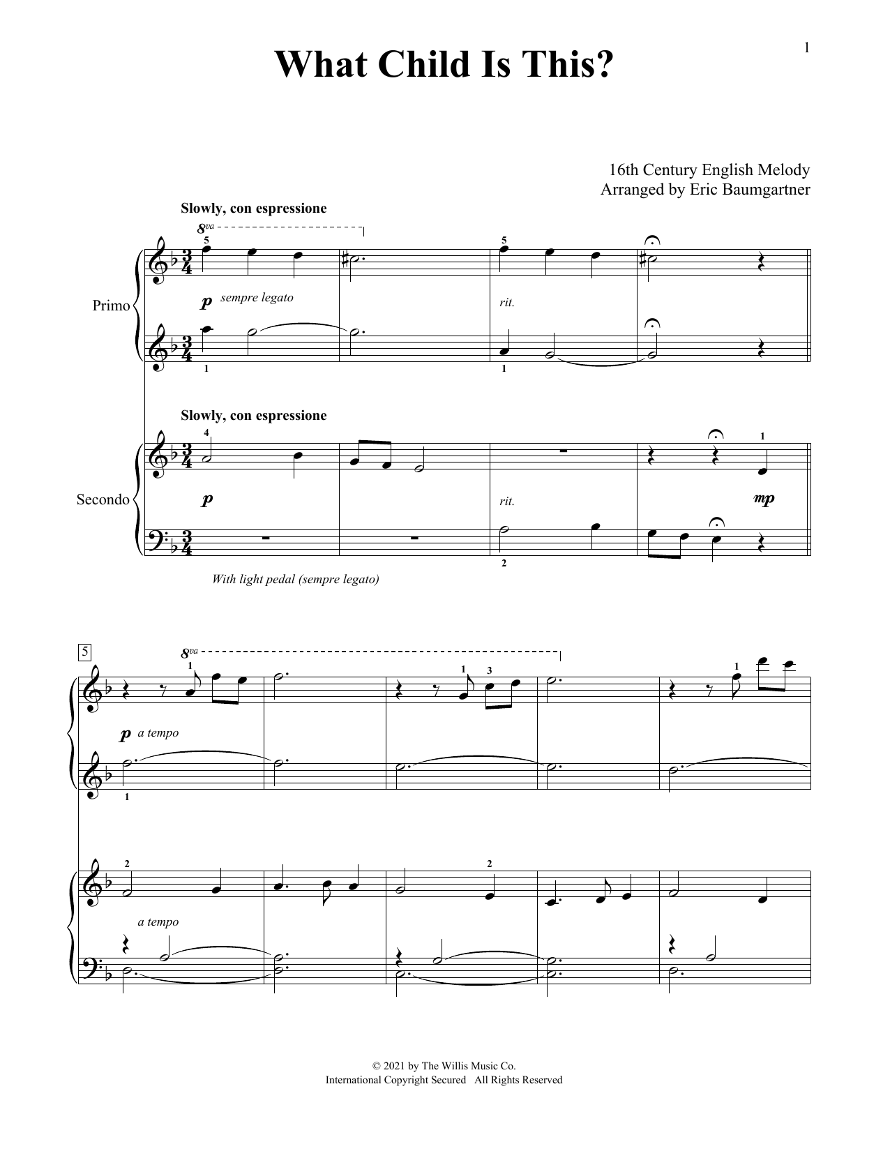 What Child Is This? (arr. Eric Baumgartner) (Piano Duet) von William C. Dix