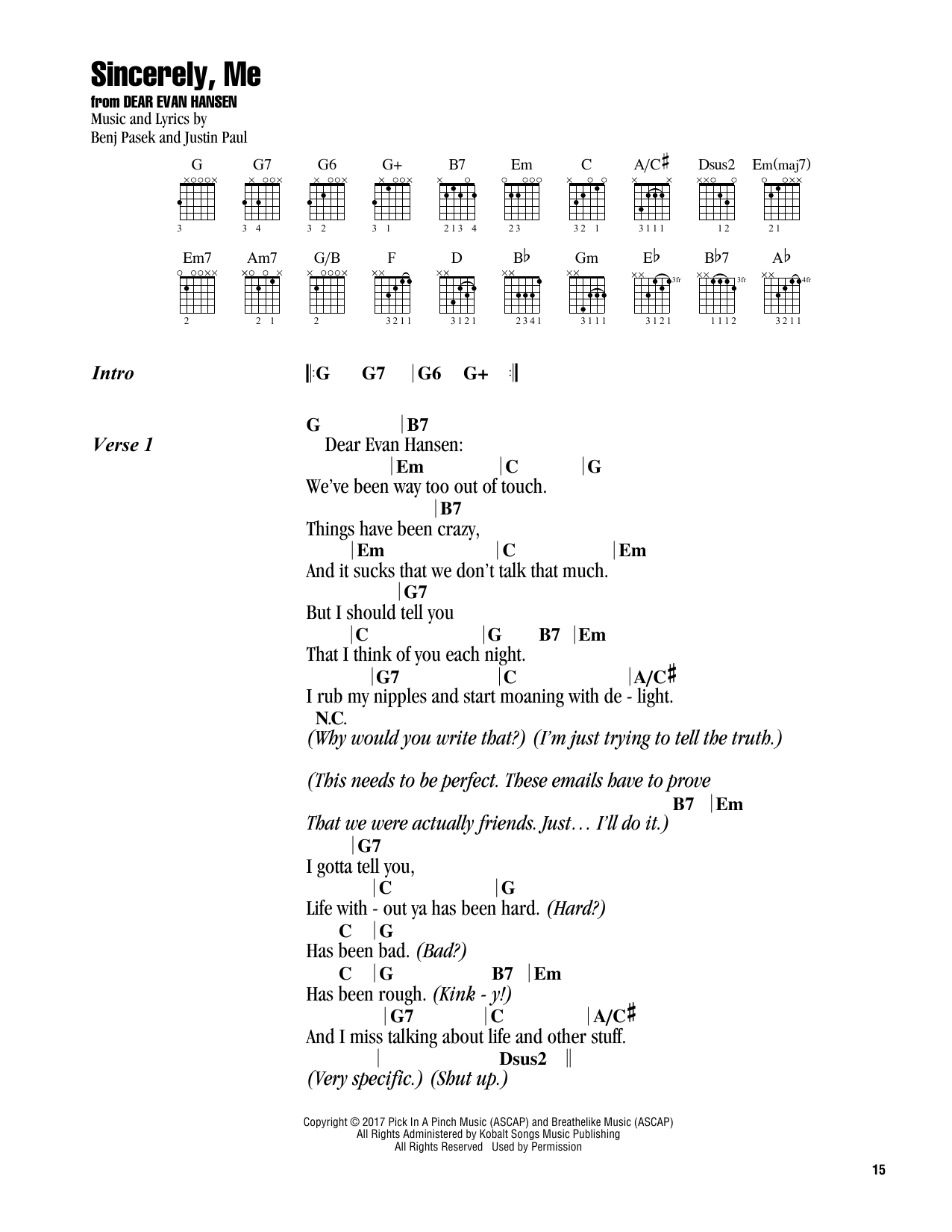 Sincerely, Me (from Dear Evan Hansen) (Guitar Chords/Lyrics) von Pasek & Paul