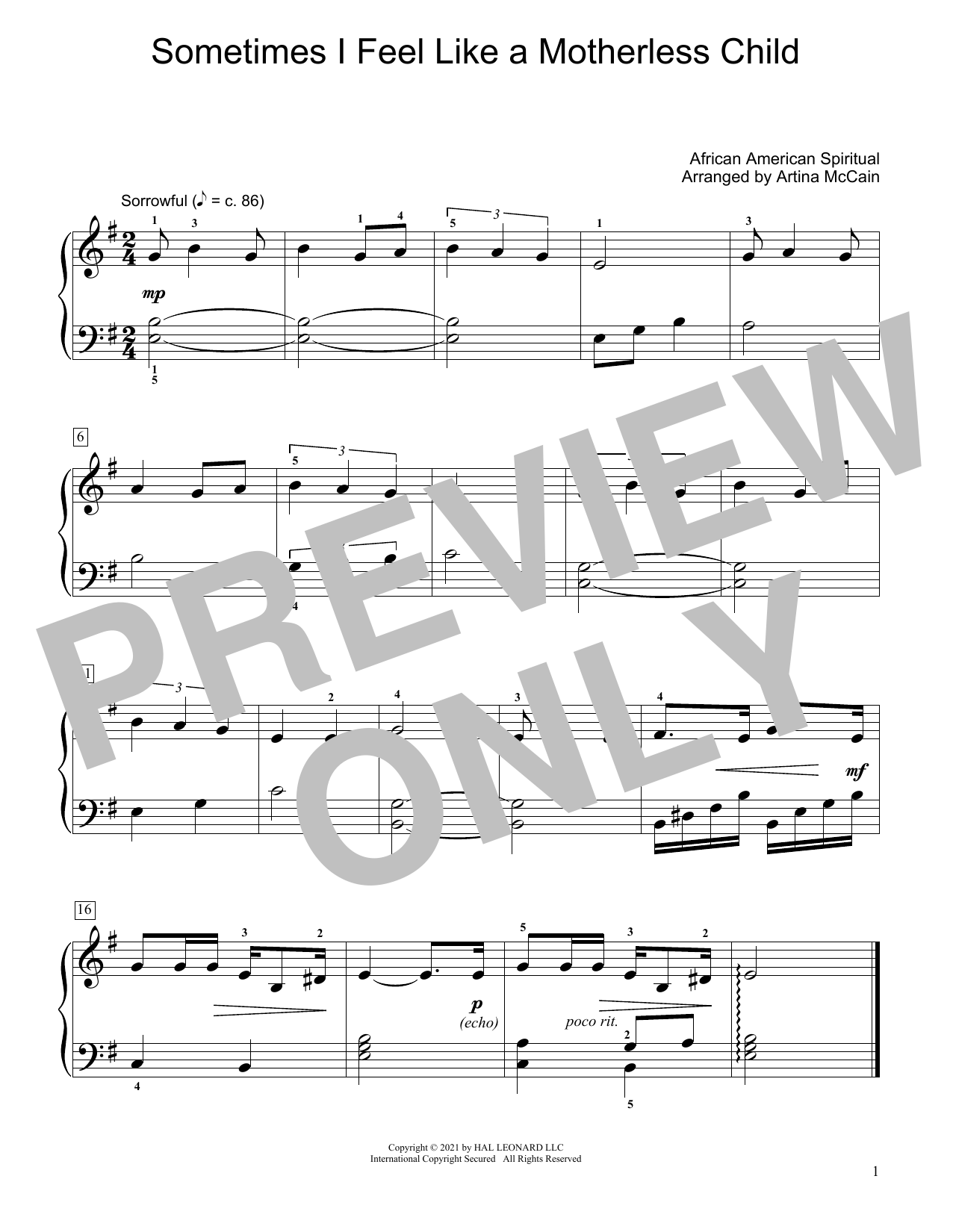 Sometimes I Feel Like A Motherless Child (arr. Artina McCain) (Educational Piano) von Traditional