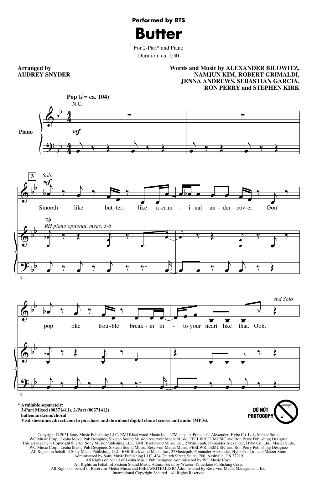 Butter (arr. Audrey Snyder) (2-Part Choir) von BTS