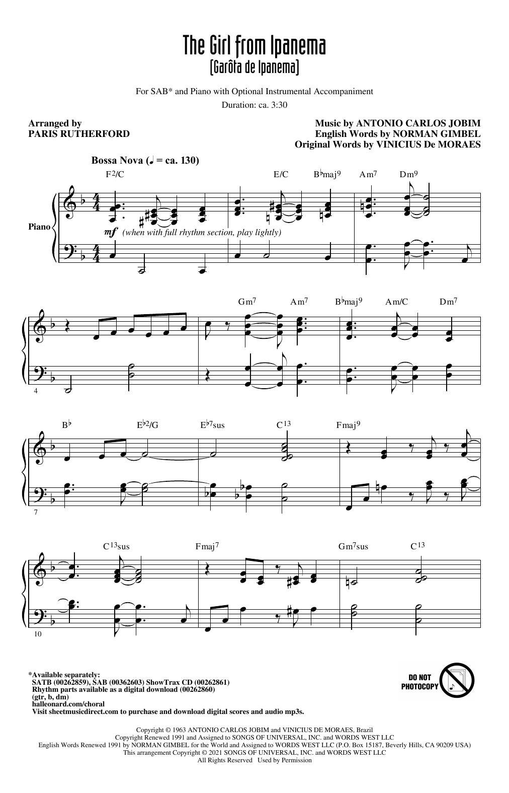 The Girl from Ipanema (Garta de Ipanema) (arr. Paris Rutherford) (SAB Choir) von Antonio Carlos Jobim