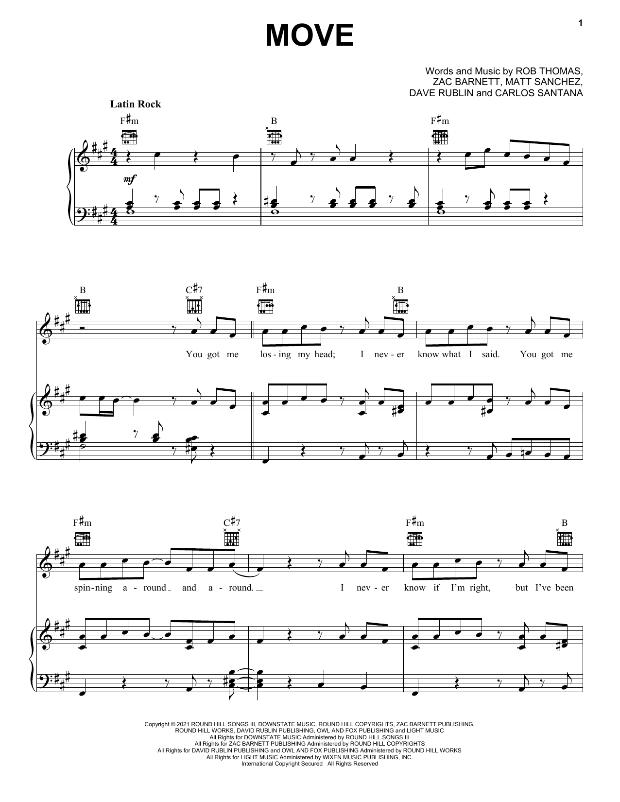 Move (Piano, Vocal & Guitar Chords (Right-Hand Melody)) von Santana, Rob Thomas & American Authors
