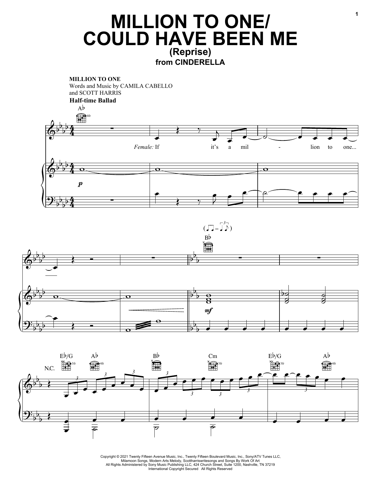 Million To One / Could Have Been Me (Reprise) (from the Amazon Original Movie Cinderella) (Piano, Vocal & Guitar Chords (Right-Hand Melody)) von Camila Cabello and Nicholas Galitzine