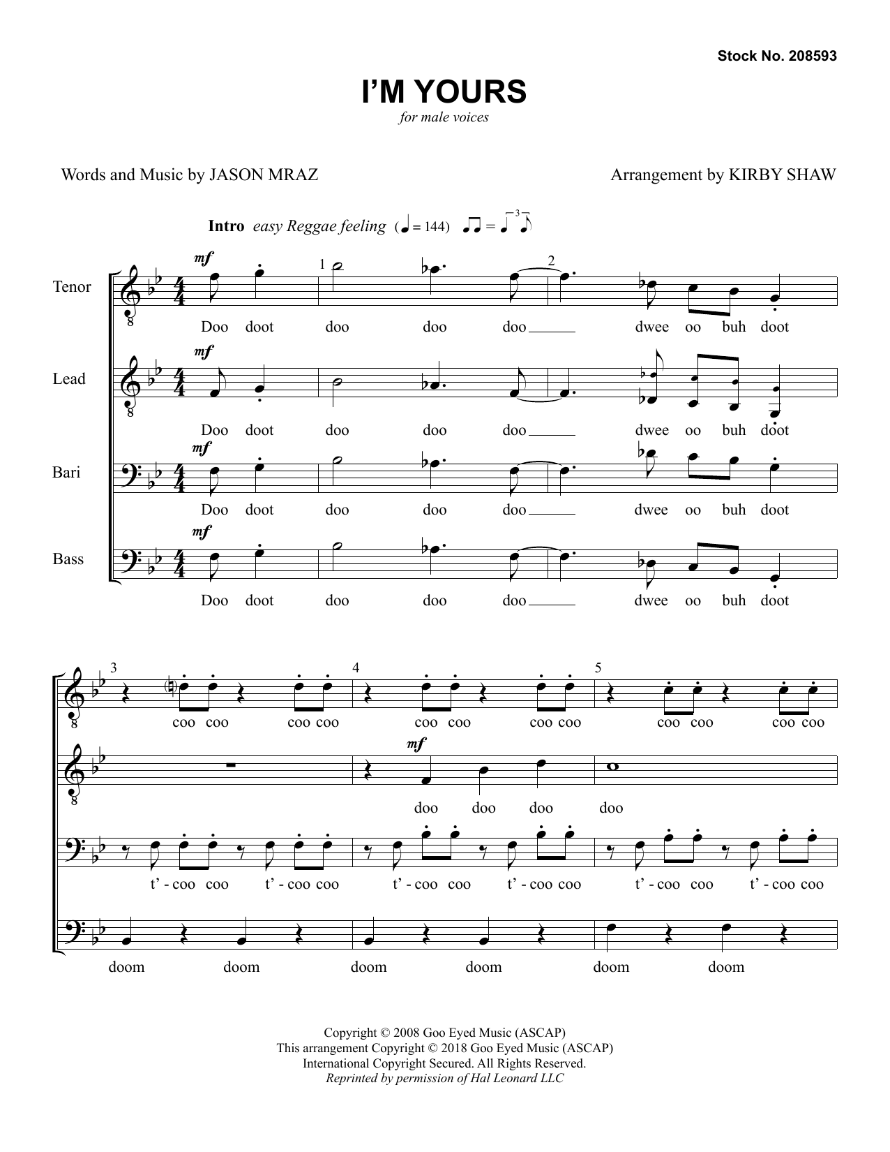 I'm Yours (arr. Kirby Shaw) (TTBB Choir) von Jason Mraz