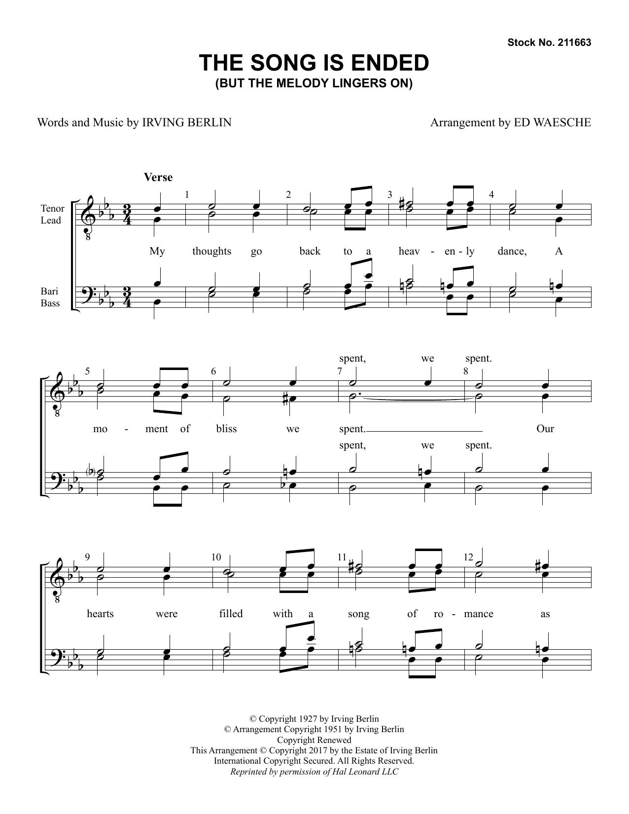The Song Is Ended (But the Melody Lingers On) (arr. Ed Waesche) (TTBB Choir) von Irving Berlin