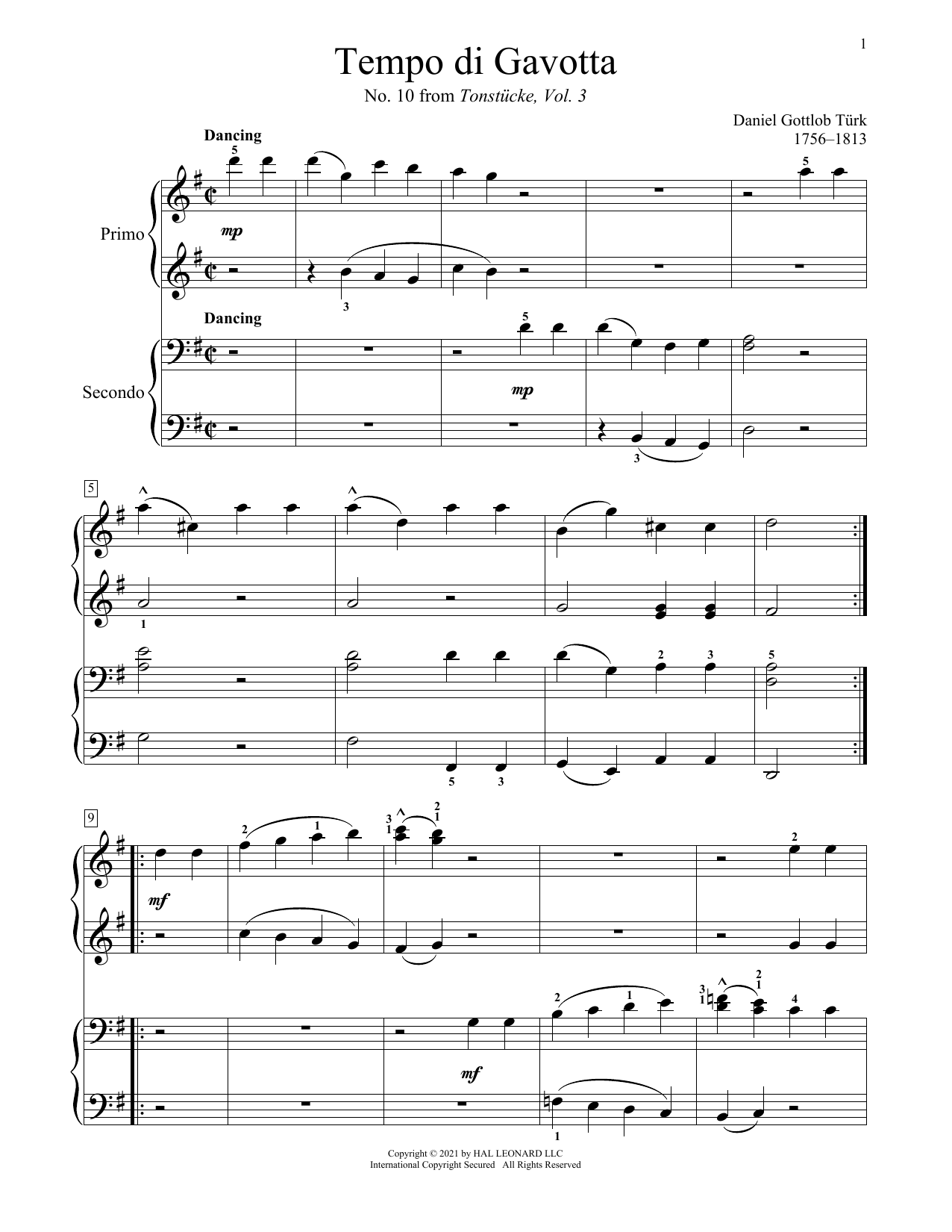 Tempo Di Gavotta (From Tonstucke, Vol. 3, No. 10) (Piano Duet) von Daniel Gottlob Turk