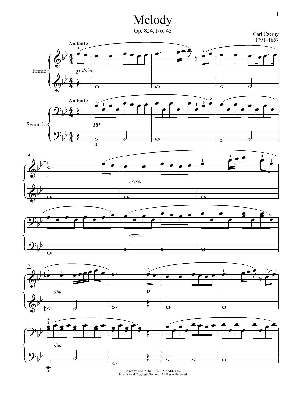 Melody, Op. 824, No. 43 (Piano Duet) von Carl Czerny