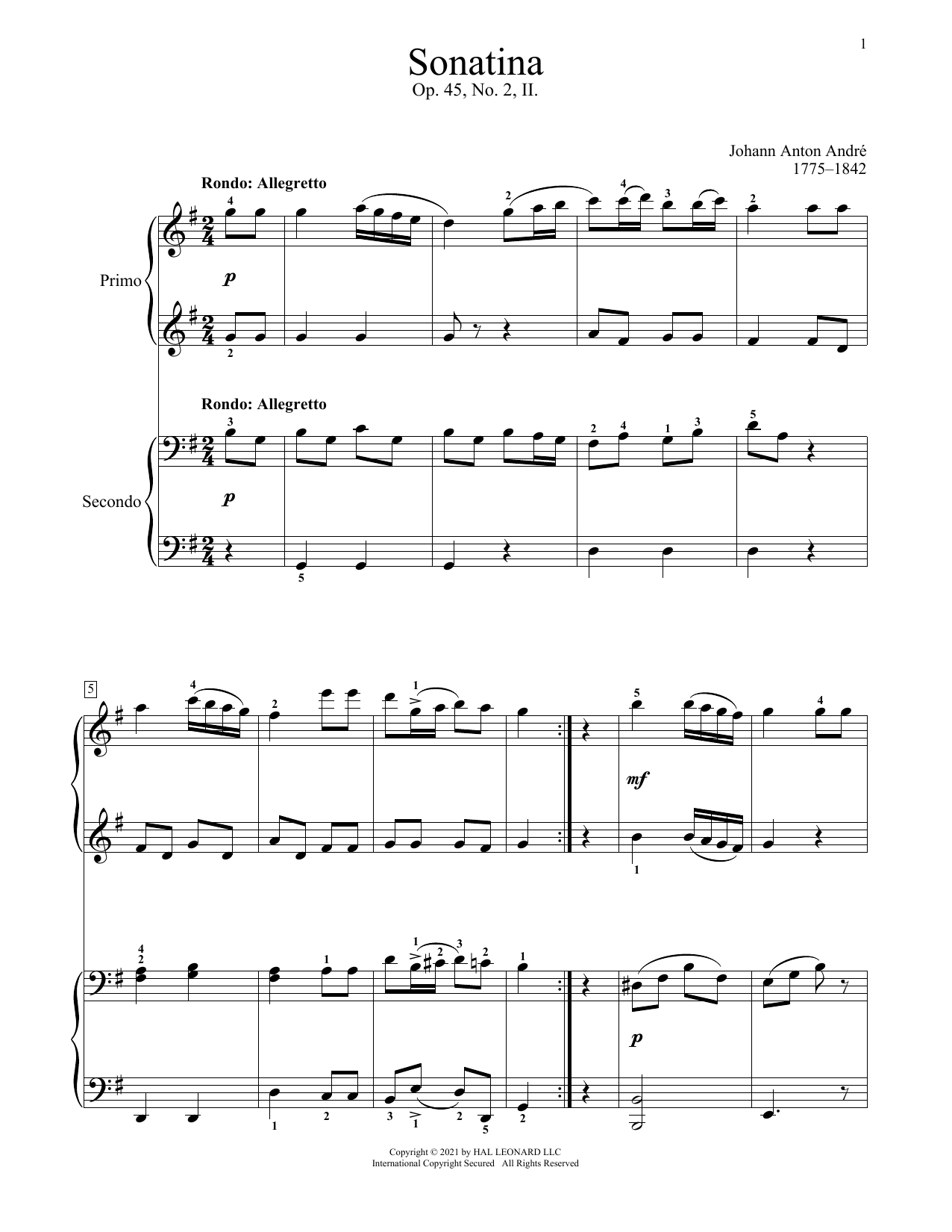 Sonatina, Op. 45, No. 2 (II. Rondo) (Piano Duet) von Johann Anton Andre
