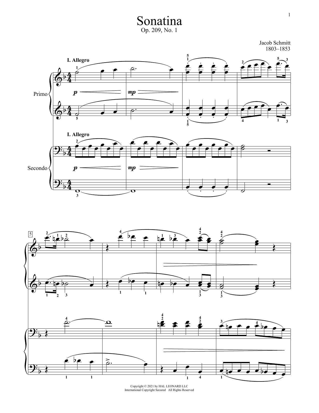 Sonatina, Op. 209, No. 1, I. Allegro (Piano Duet) von Jacob Schmitt