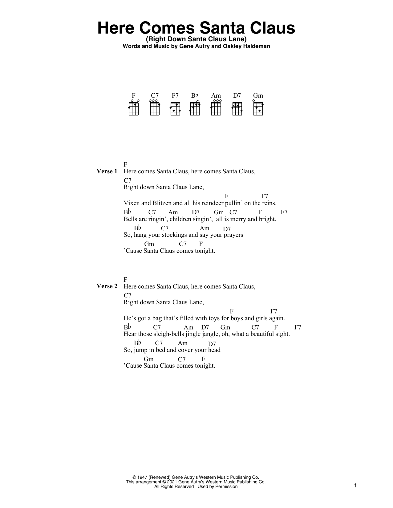 Here Comes Santa Claus (Right Down Santa Claus Lane) (arr. Fred Sokolow) (Ukulele) von Gene Autry