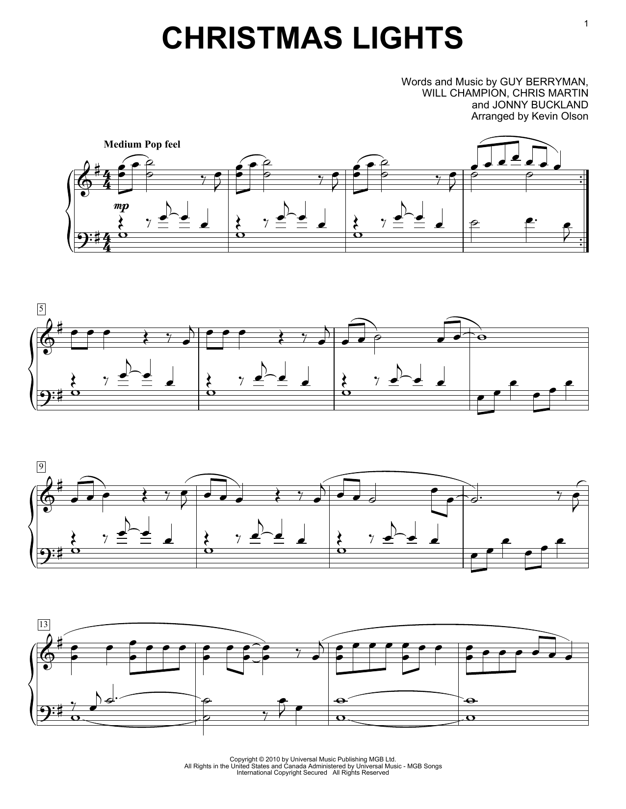 Christmas Lights (arr. Kevin Olson) (Easy Piano Solo) von Coldplay