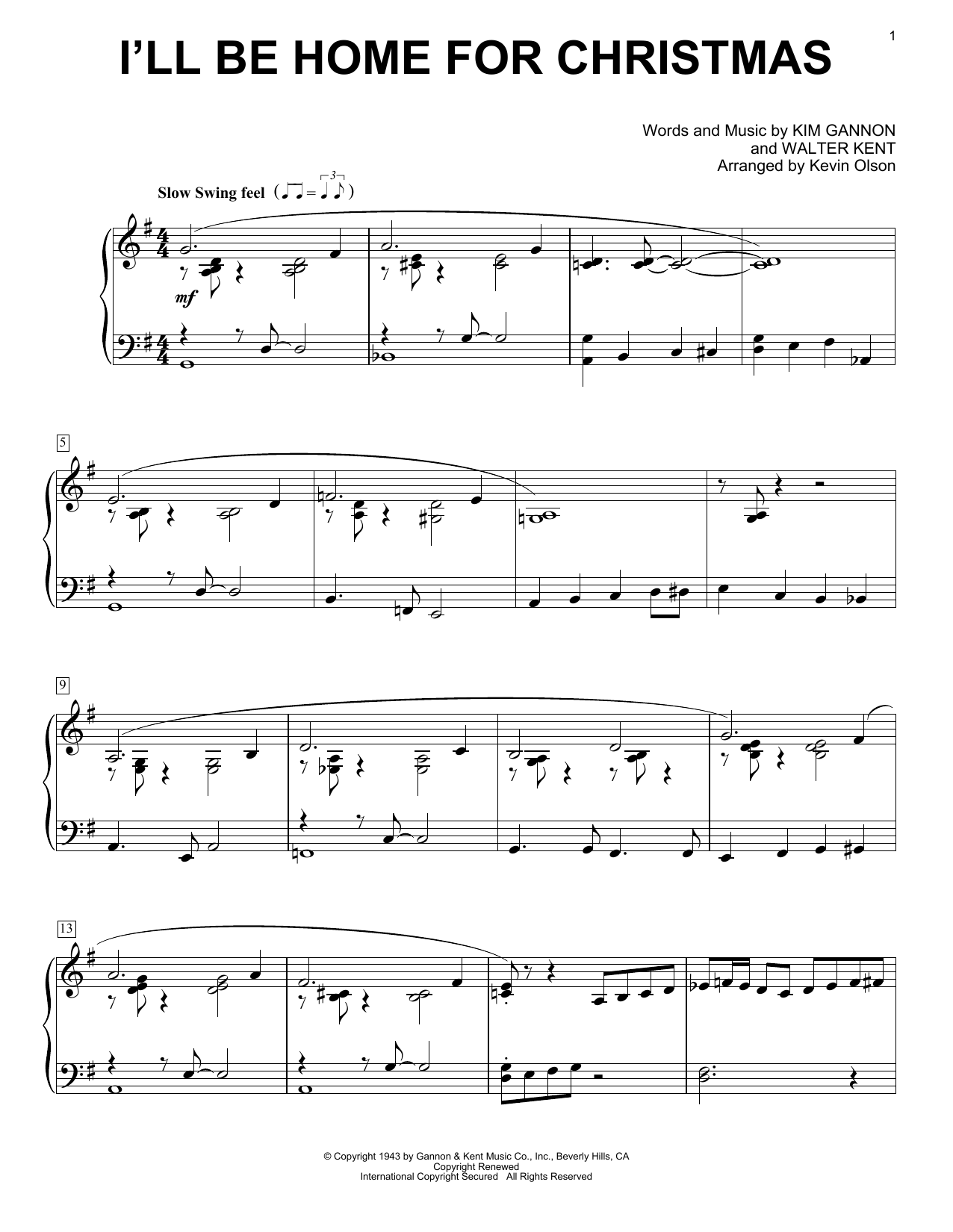 I'll Be Home For Christmas (arr. Kevin Olson) (Easy Piano Solo) von Walter Kent