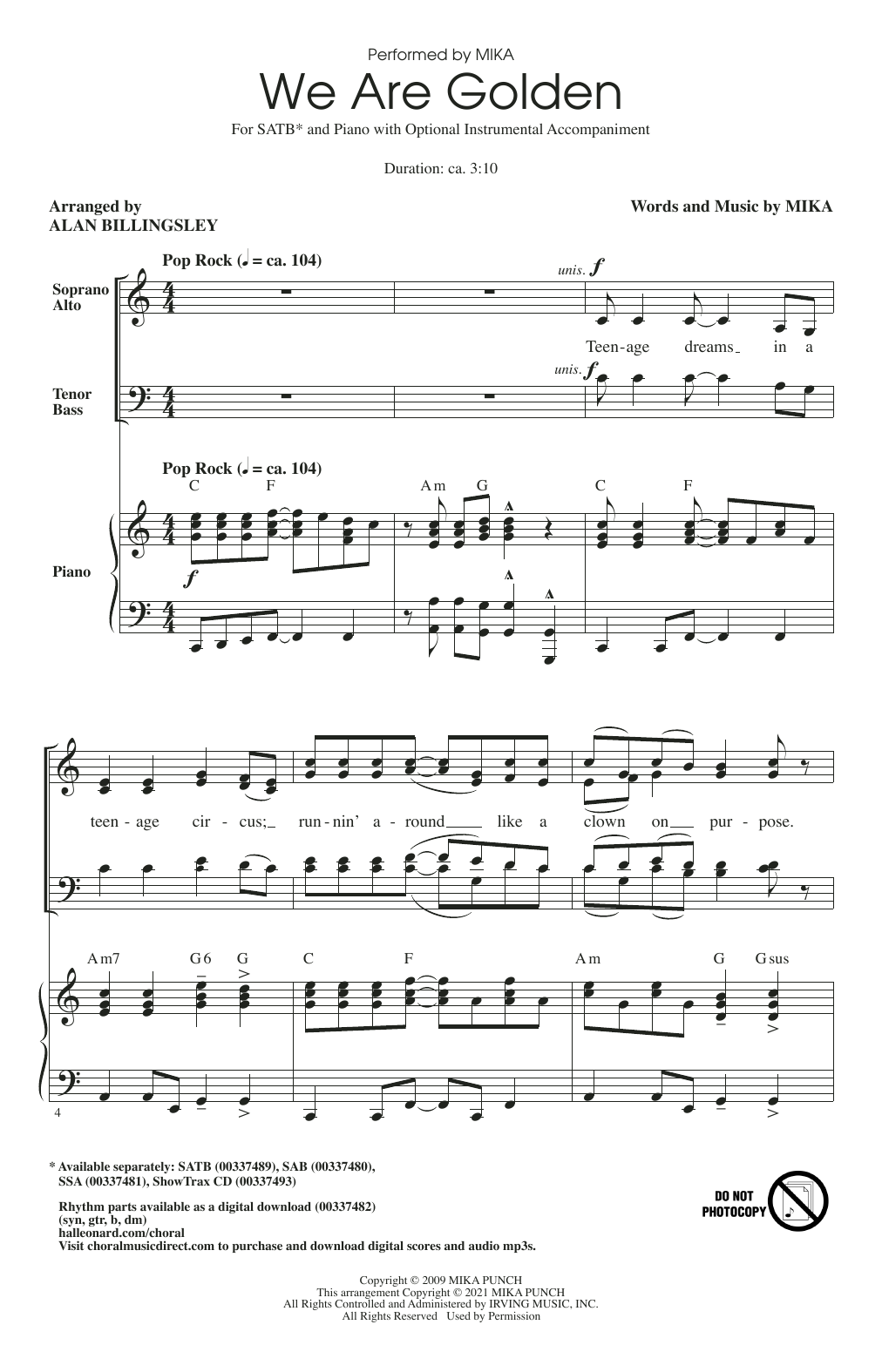 We Are Golden (arr. Alan Billingsley) (SATB Choir) von Mika