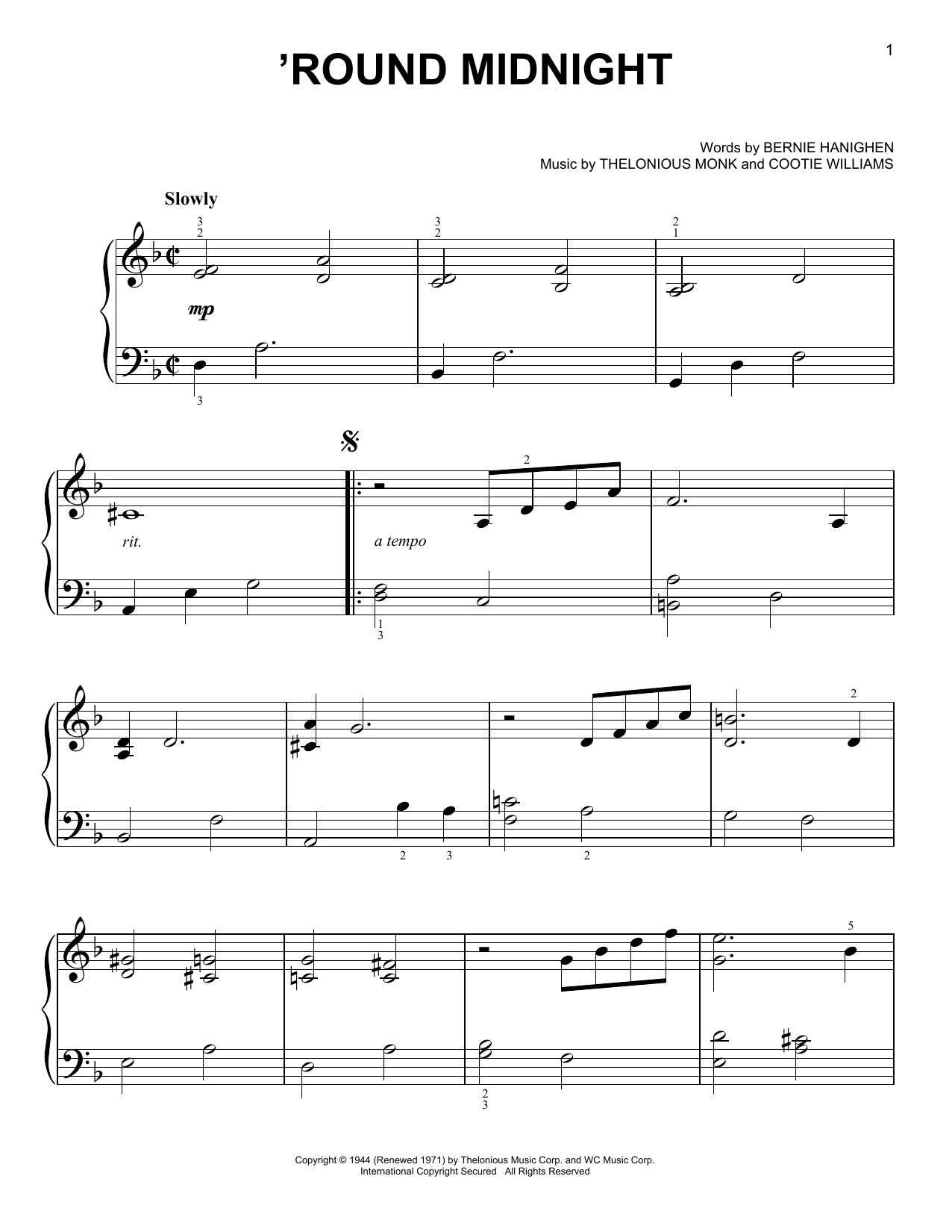 'Round Midnight (Easy Piano) von Thelonious Monk