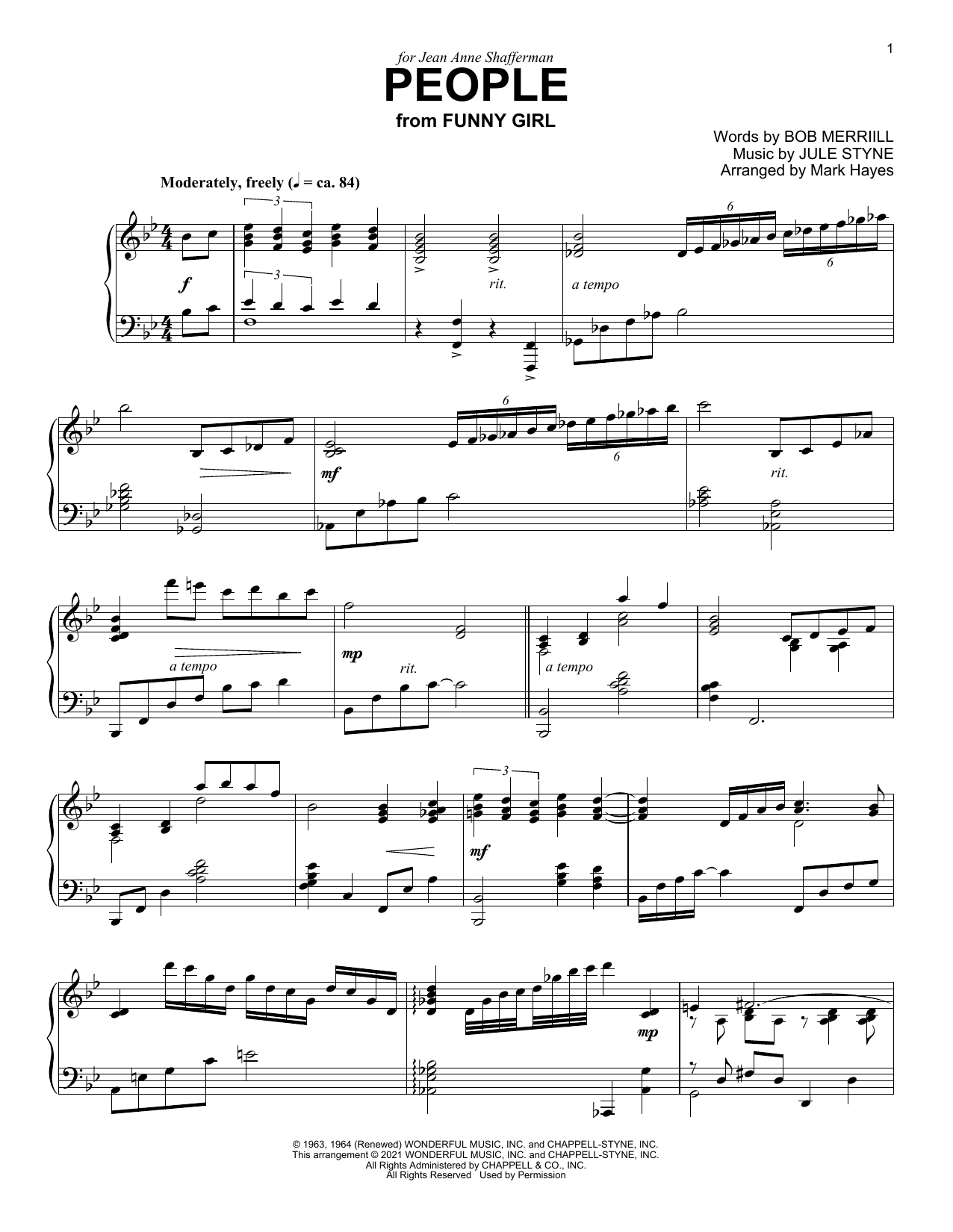 People (from Funny Girl) (arr. Mark Hayes) (Piano Solo) von Barbra Streisand