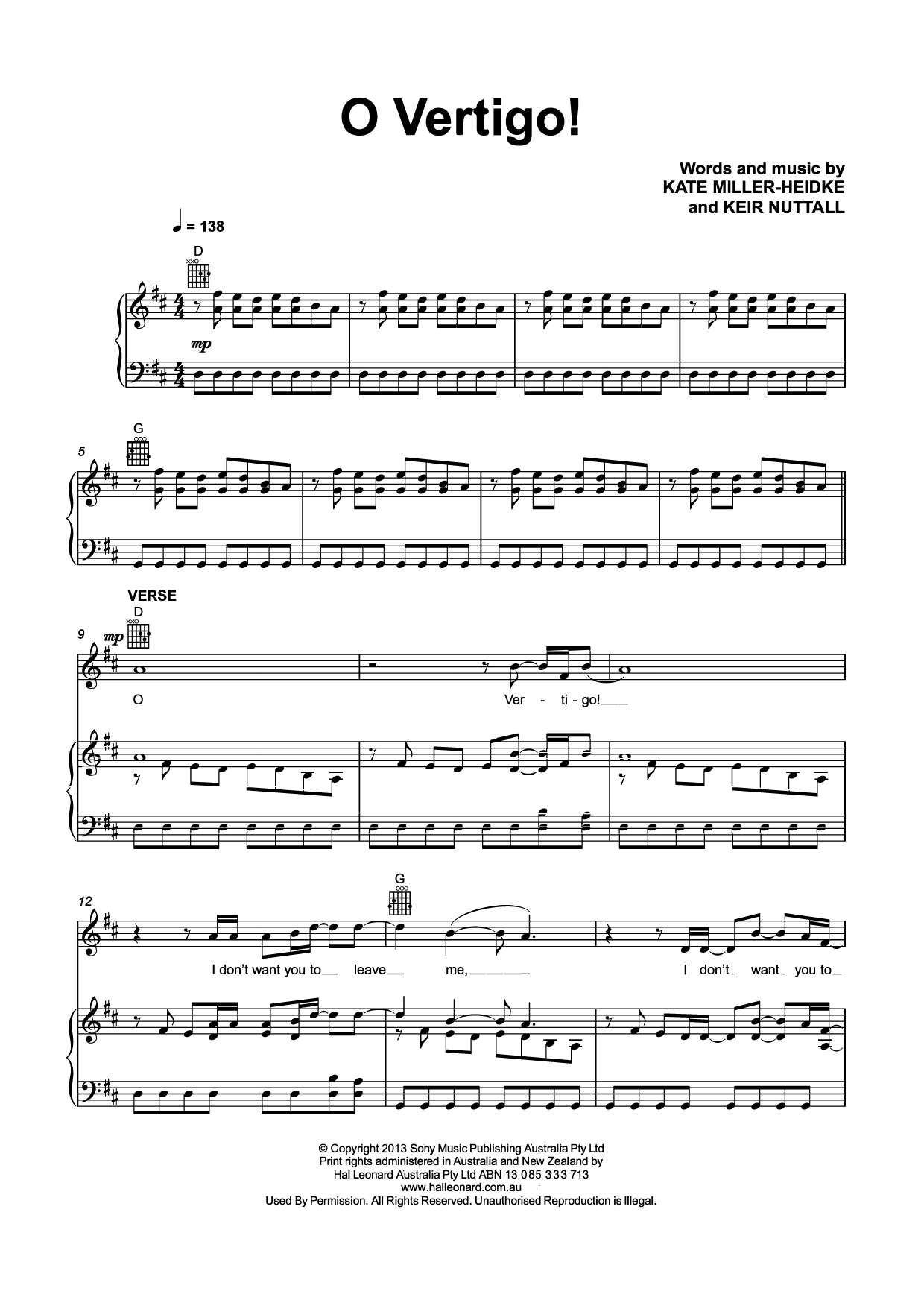O Vertigo! (Piano, Vocal & Guitar Chords (Right-Hand Melody)) von Kate Miller-Heidke