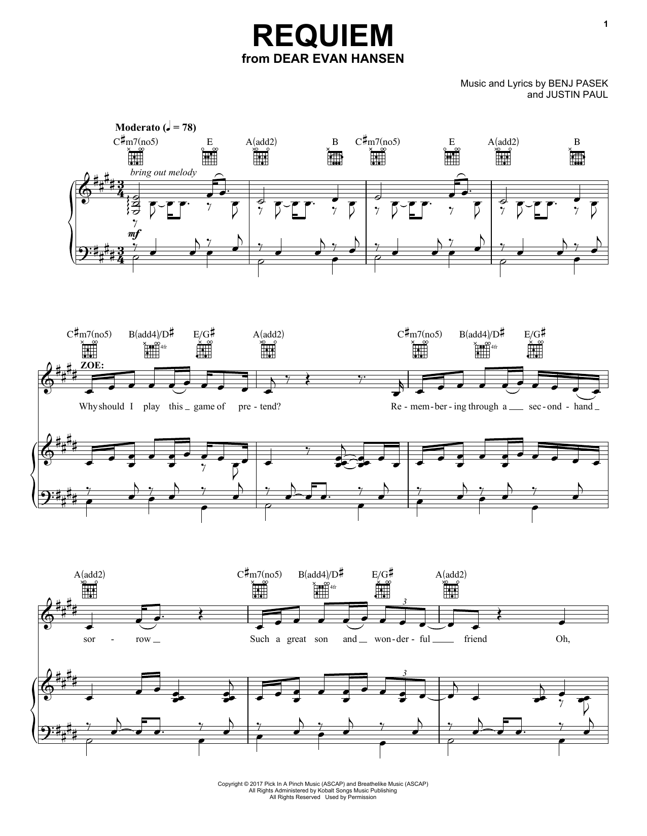 Requiem (from Dear Evan Hansen) (Piano, Vocal & Guitar Chords (Right-Hand Melody)) von Pasek & Paul