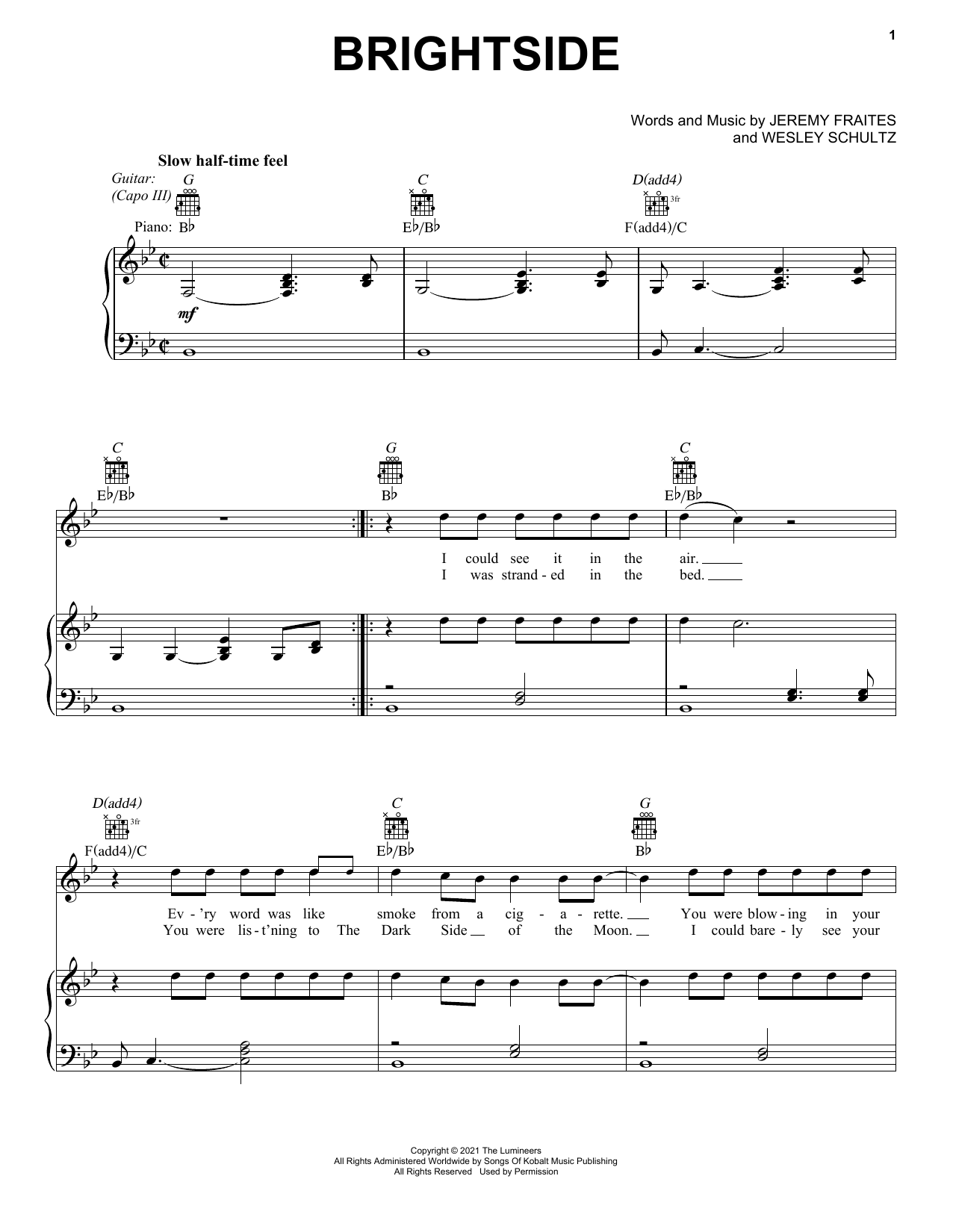 Brightside (Piano, Vocal & Guitar Chords (Right-Hand Melody)) von The Lumineers