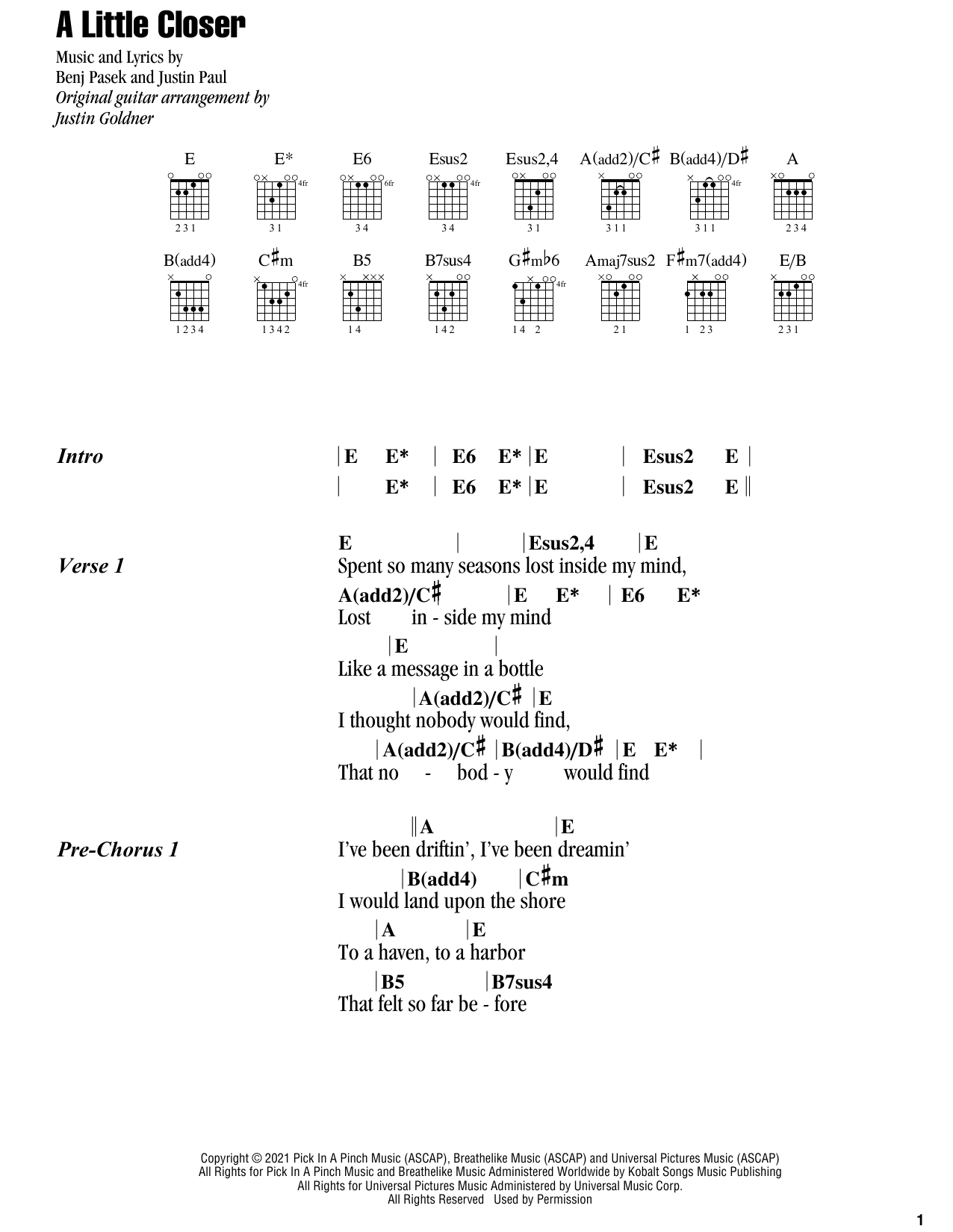 A Little Closer (from Dear Evan Hansen) (Guitar Chords/Lyrics) von Pasek & Paul