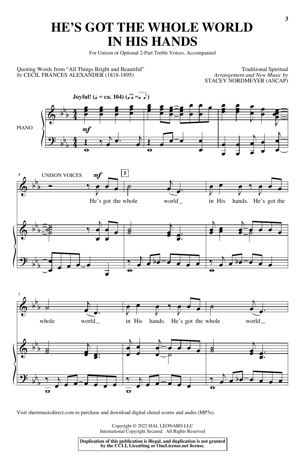 He's Got The Whole World In His Hands (arr. Stacey Nordmeyer) (Unison Choir) von Traditional Spiritual