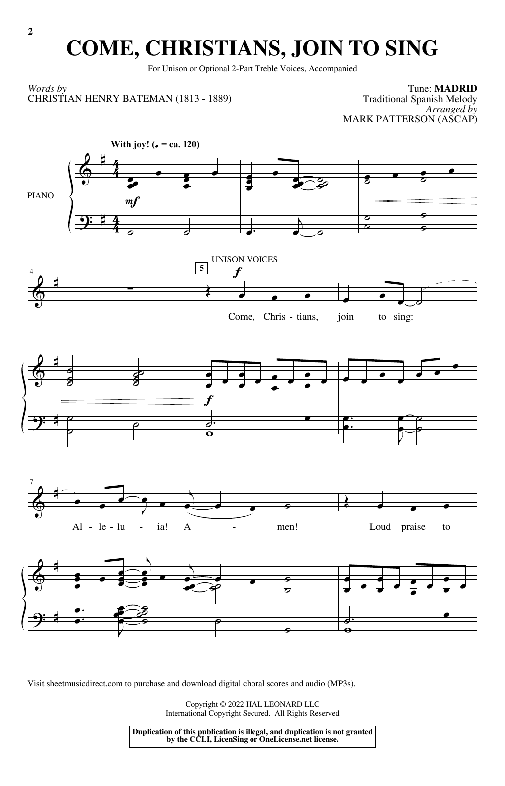 Come, Christians, Join To Sing (arr. Mark Patterson) (Unison Choir) von Traditional Spanish Melody