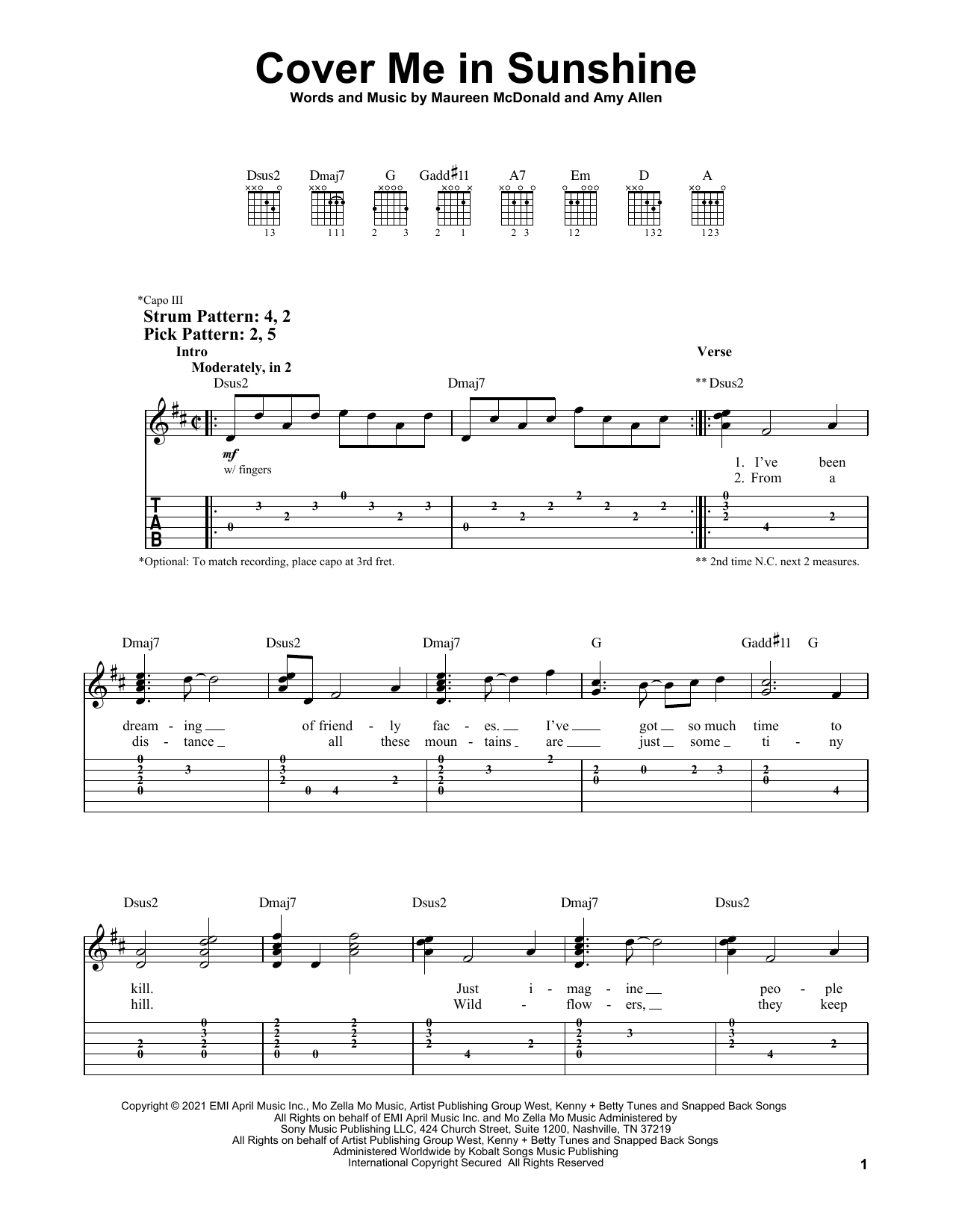 Cover Me In Sunshine (Easy Guitar Tab) von P!nk & Willow Sage Hart