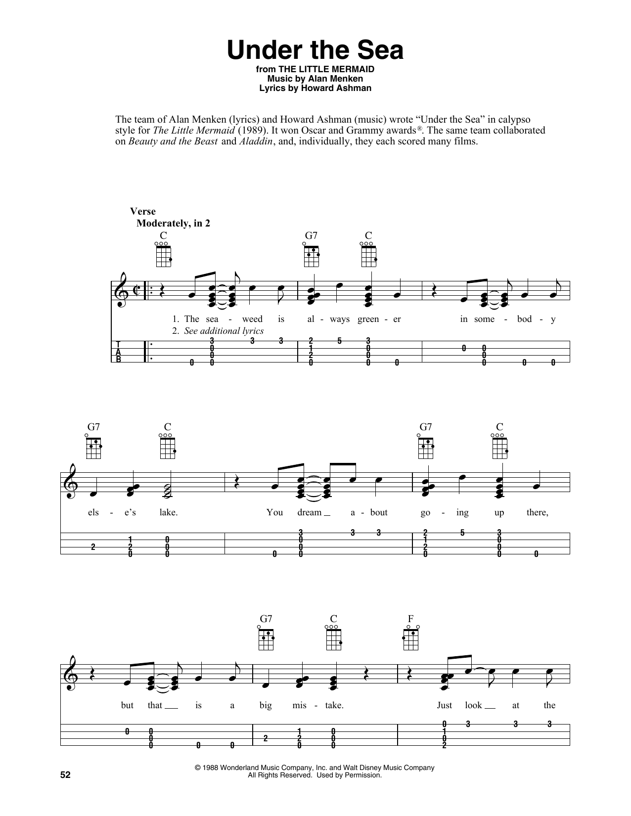 Under The Sea (from The Little Mermaid) (arr. Fred Sokolow) (Easy Ukulele Tab) von Alan Menken & Howard Ashman