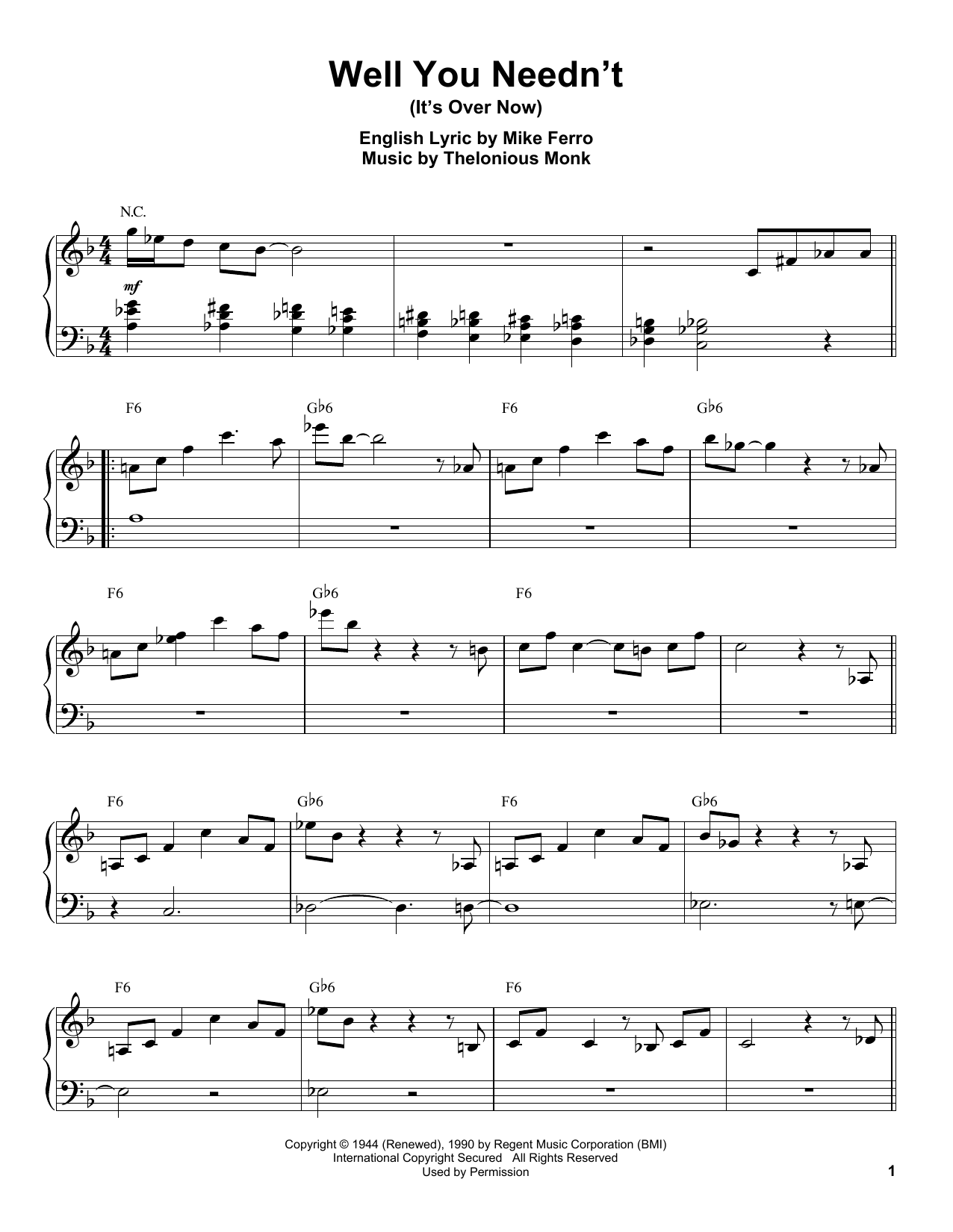 Well You Needn't (It's Over Now) (Piano Transcription) von Thelonious Monk