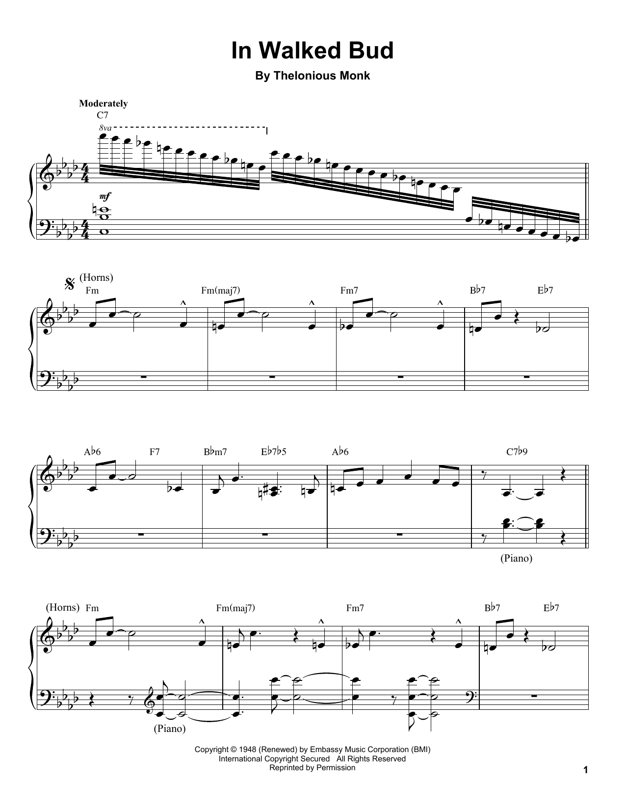 In Walked Bud (Piano Transcription) von Thelonious Monk