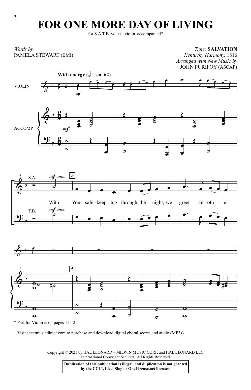 For One More Day Of Living (arr. John Purifoy) (SATB Choir) von Pamela Stewart