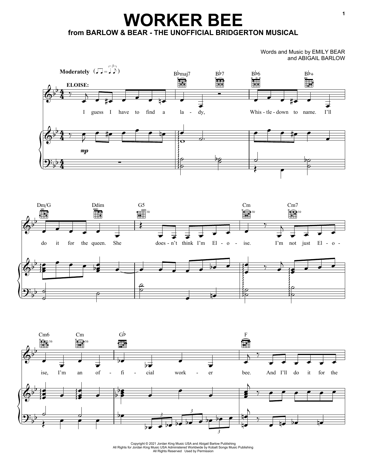 Worker Bee (from The Unofficial Bridgerton Musical) (Piano, Vocal & Guitar Chords (Right-Hand Melody)) von Barlow & Bear