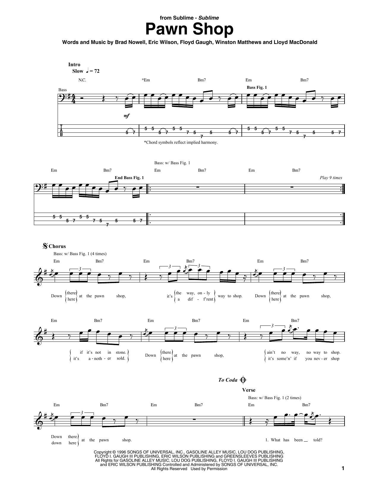 Pawn Shop (Bass Guitar Tab) von Sublime