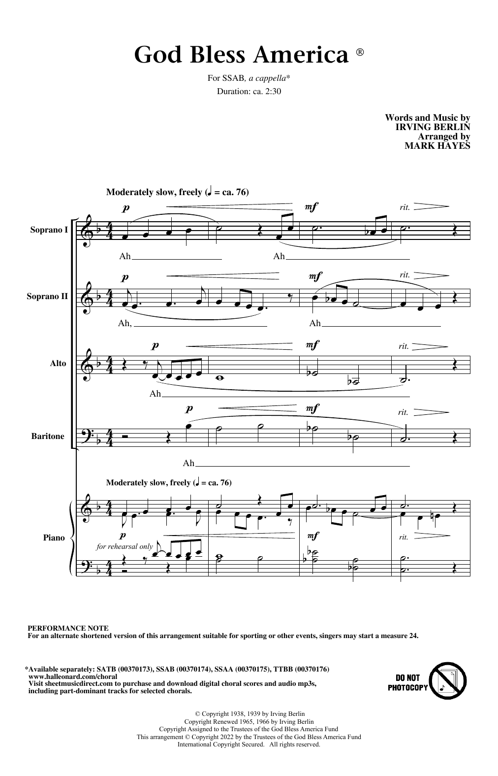 God Bless America (arr. Mark Hayes) (SSAB Choir) von Irving Berlin