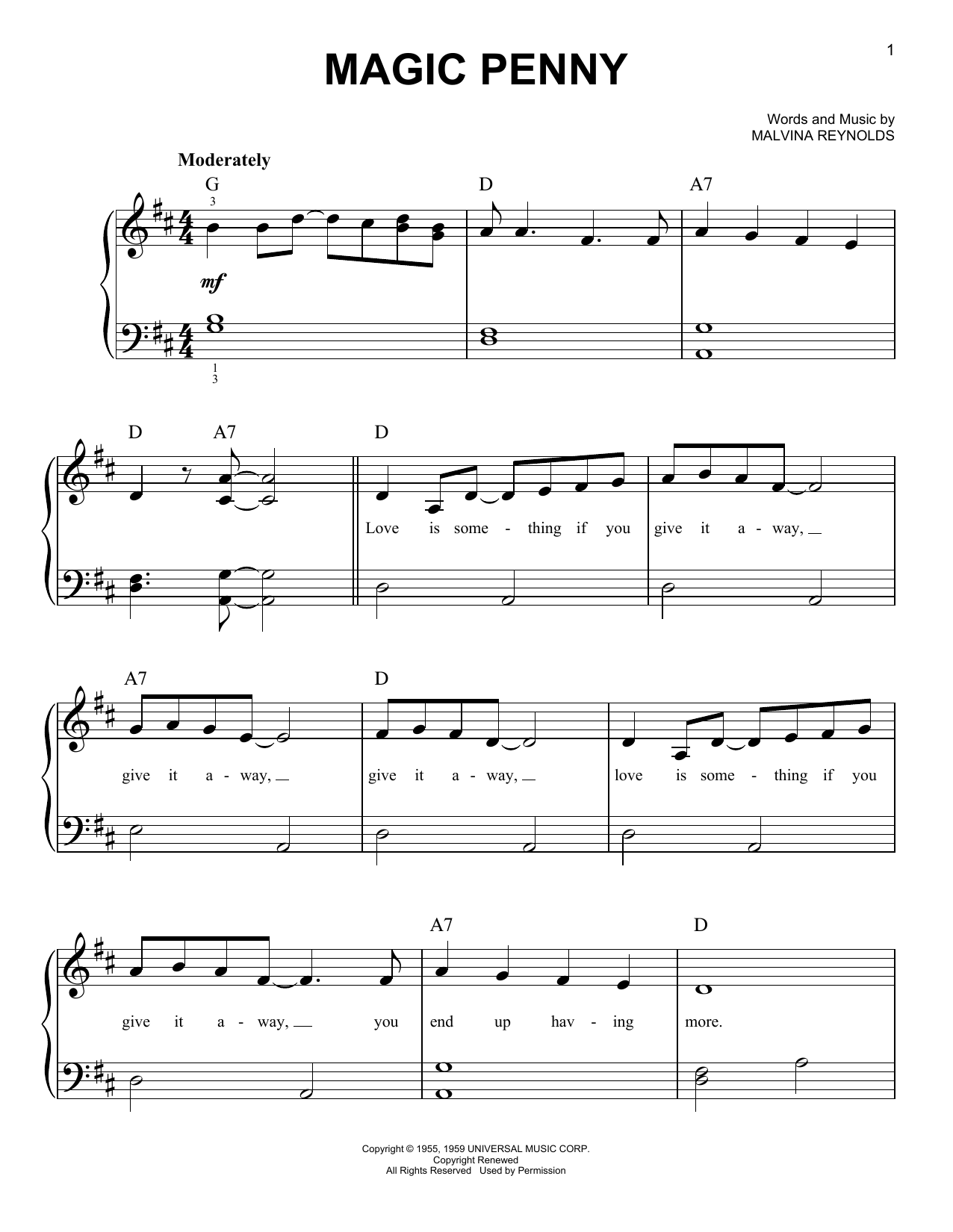 Magic Penny (Easy Piano) von Malvina Reynolds