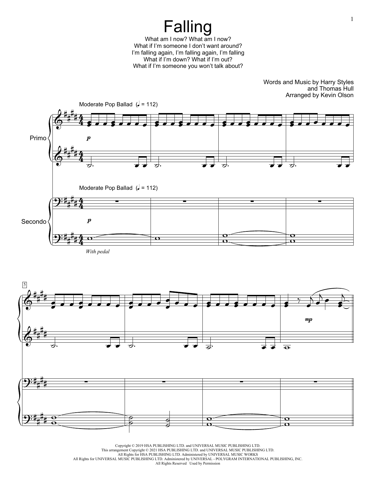 Falling (arr. Kevin Olson) (Piano Duet) von Harry Styles
