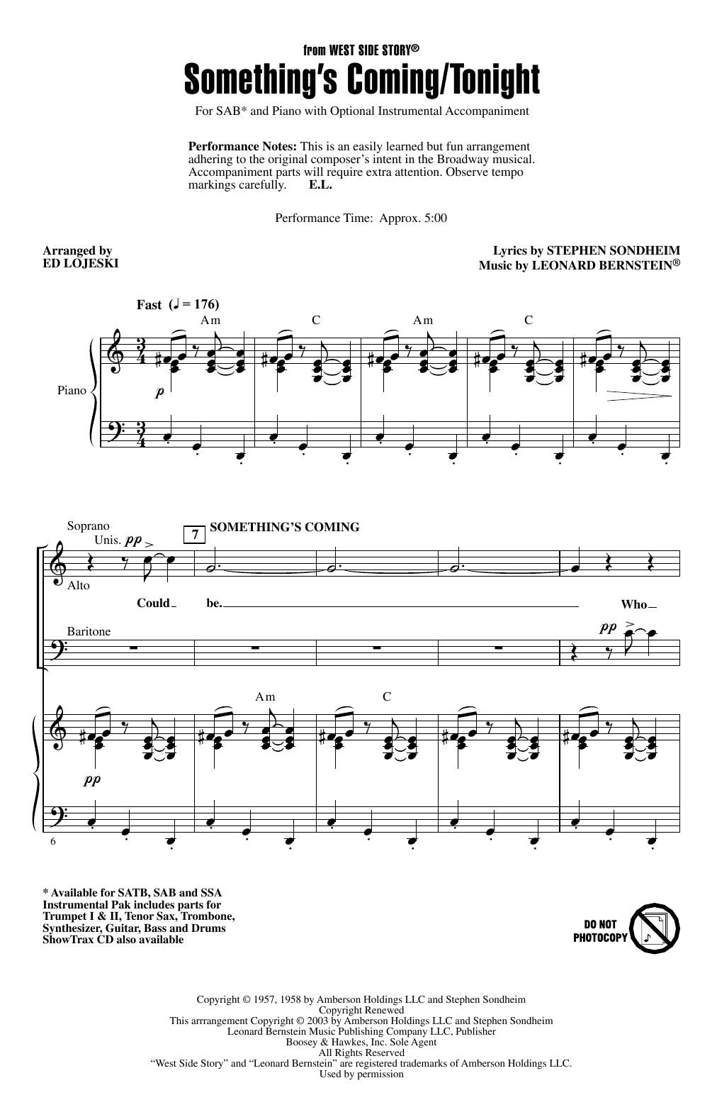 Something's Coming/Tonight (from West Side Story) (arr. Ed Lojeski) (SAB Choir) von Leonard Bernstein