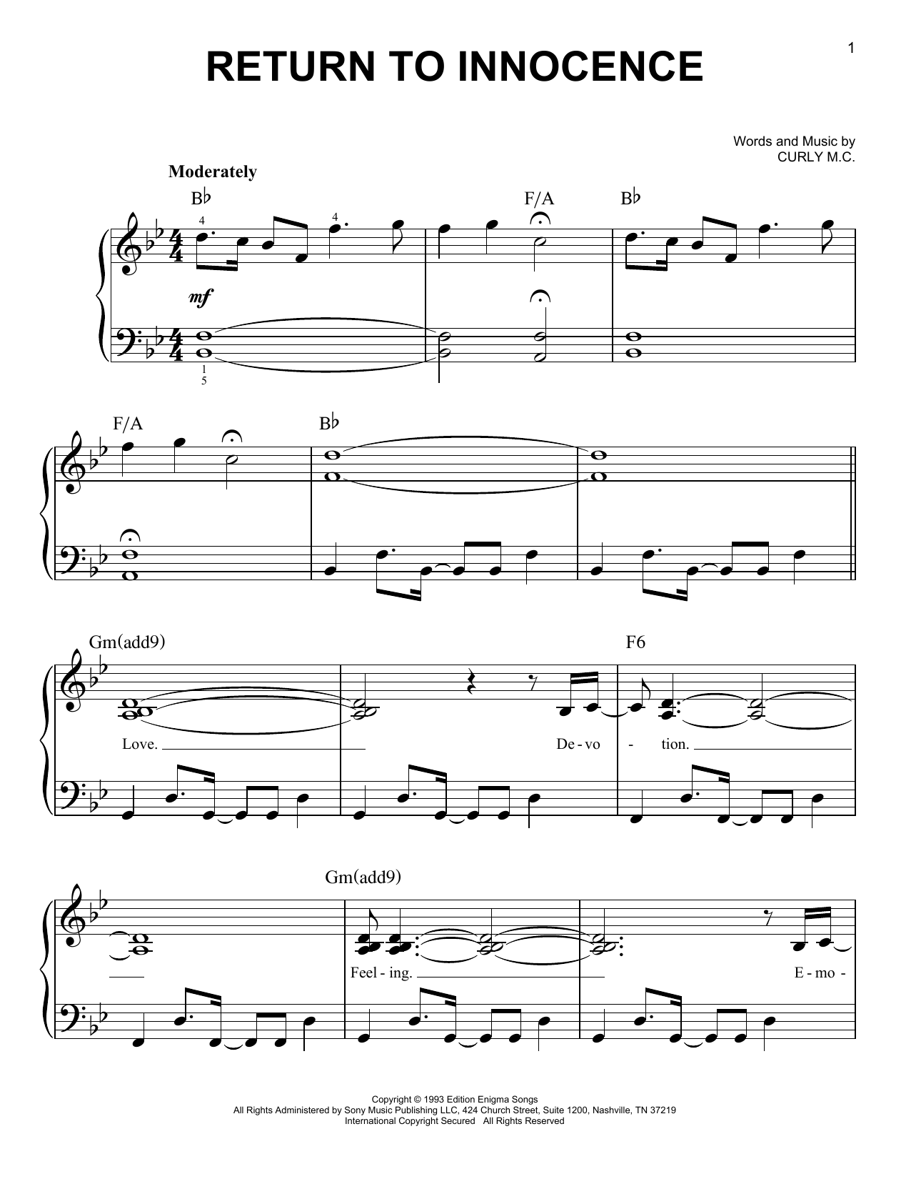 Return To Innocence (Easy Piano) von Enigma