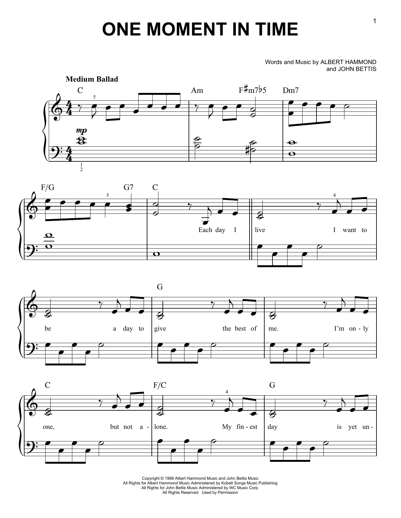 One Moment In Time (Easy Piano) von Whitney Houston