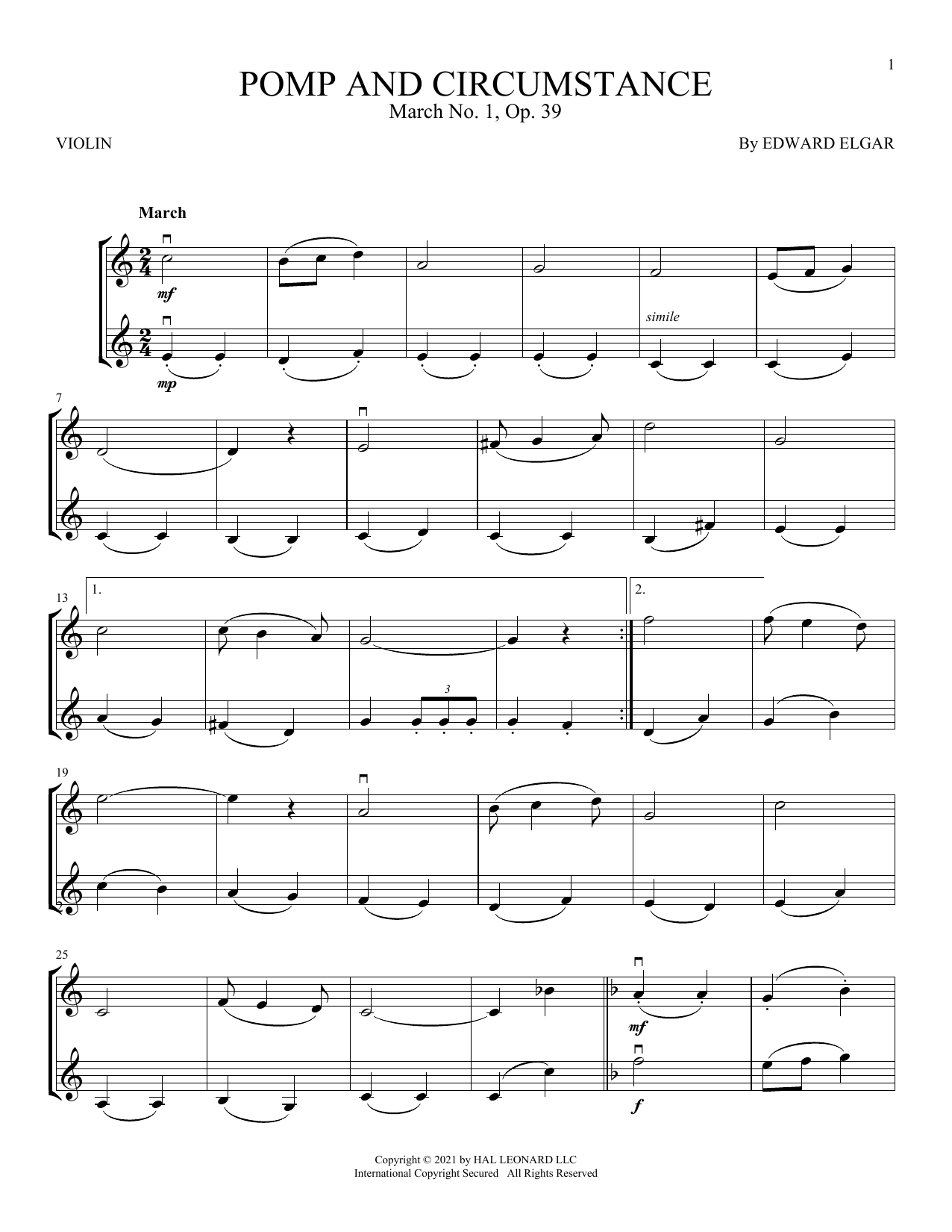 Pomp And Circumstance, March No. 1, Op. 39 (Violin Duet) von Edward Elgar