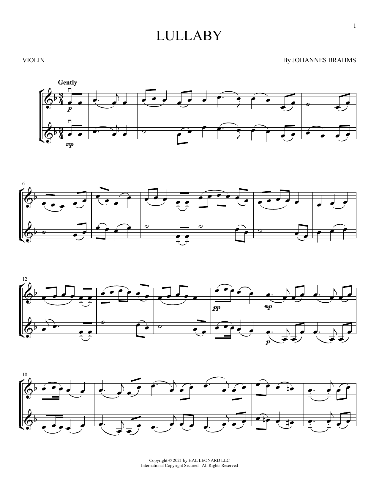 Lullaby (Cradle Song) (Violin Duet) von Johannes Brahms