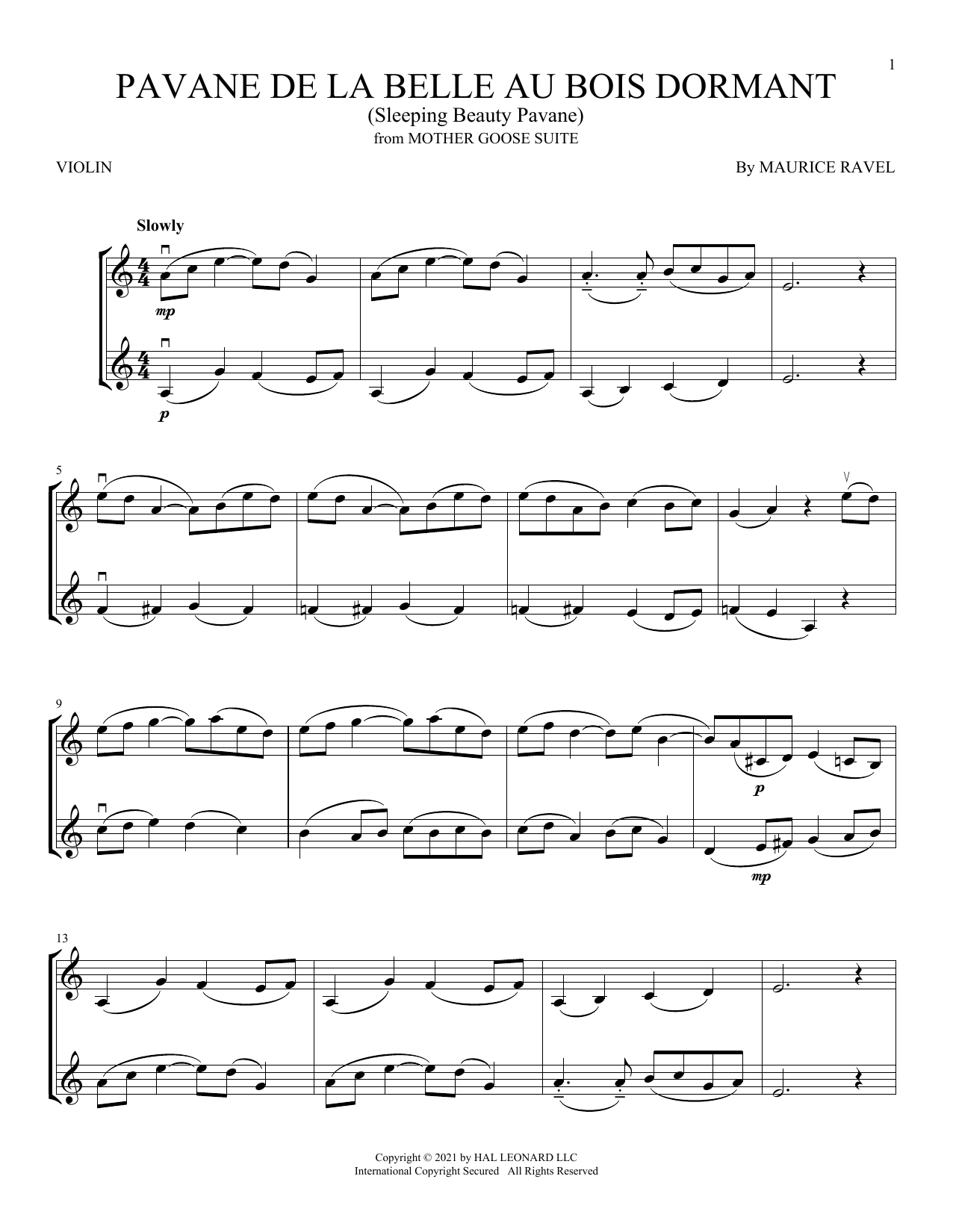 Pavane de la belle au bois dormant (Sleeping Beauty Pavane) (Violin Duet) von Maurice Ravel